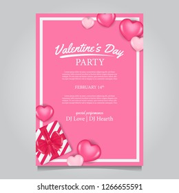 Valentine party invitation poster template with pink hearth shape. Vector illustration