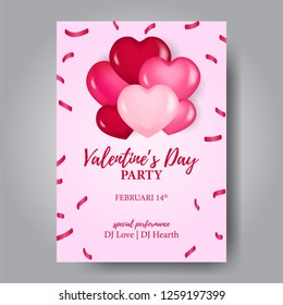 Valentine party poster with 3d heart balloon. vector illustration