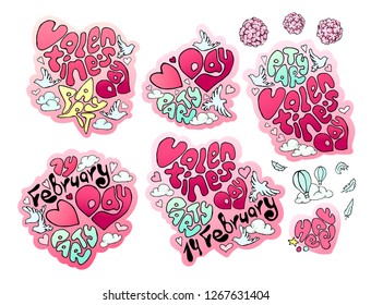 Valentine party set. Pink heart lettering. Happy valentine's day party. Flowers birds clouds isolate object on white Stickers prints valentines day. Vintage vector illustration