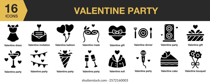 Valentine Party solid icon set. Includes Balloons, Celebration, Heart, Love, Party, Valentines, Wedding, and More. Solid icons vector collection.