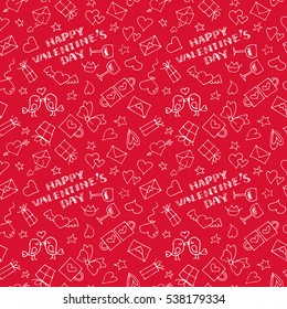 Valentine pattern with heart and gift box, balloon, mug cup, ribbon, star, wine glass, love letter and bird