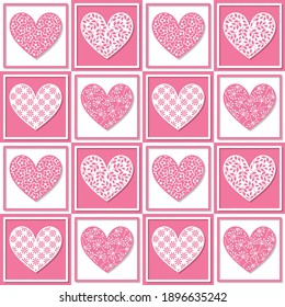 VALENTINE PATTERN, HEARTS DECORATED WITH FLOWERS AND LEAVES IN CORAL AND WHITE COLORED SQUARES