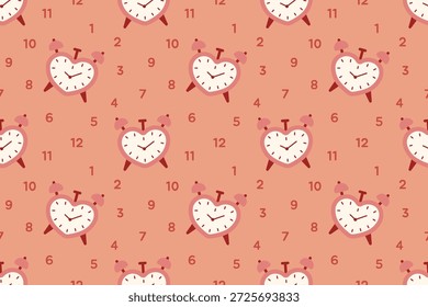 Valentinsmuster mit herzförmiger Uhr und dekorativen Zahlen. Ideal für Zeitkonzepte, Liebes-Countdowns, romantische Events, Tapeten und Branding-Designs.