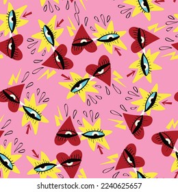 Valentine pattern with magical mystical spiritualistic symbol of the Freaky bizarre eyes in retro glasses