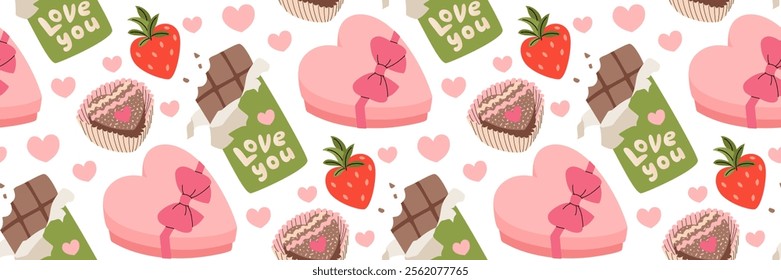 Valentine pattern with Pink box of chocolates, candies and strawberries. Festive romantic background with various sweets. Gift for your dear friend. For pastry shop, wrapping. Vector flat illustration