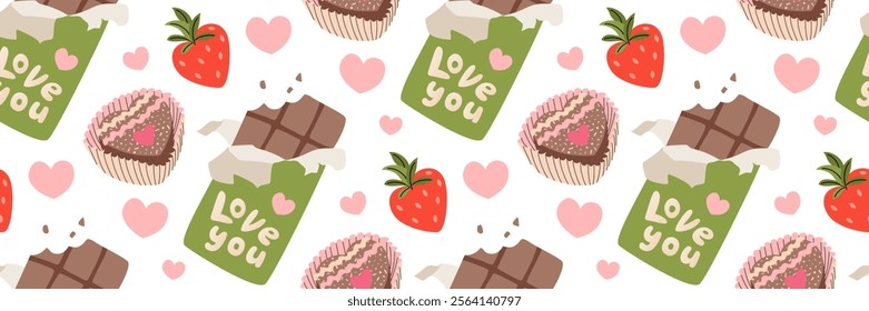 Valentine pattern with Pink box of chocolates, candies and strawberries. Festive romantic background with various sweets. Gift for your dear friend. For pastry shop, wrapping. Vector flat illustration