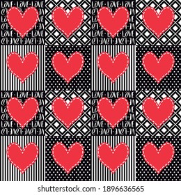 VALENTINPATTERN, ROTE HEIZEN AUF SCHWARZEM HINTERGRUND, MIT WEISSEN LETTERN, DOTEN UND STREIFEN
