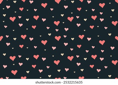 Valentine pattern with scattered pink and cream hearts on a dark background in romantic style. 