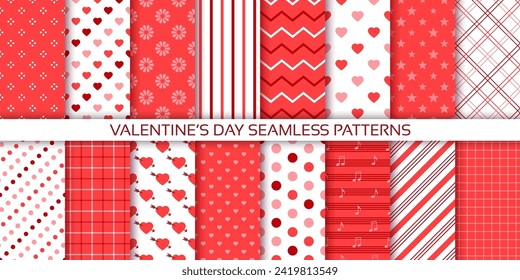 Valentine pattern. Seamless background. Red prints with heart, dot, stripes and check. Set vintage textures. Cute wrapping papers. Collection lovely backdrops for scrapbooking. Vector illustration