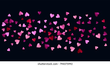 Valentine Pattern, Vector Romantic Heart Background. Falling Down or Flying, Showering Sparkling Pink, Red Hearts. Cool Romantic Festive Magic Garland. Tender Valentive Pattern, Minimal Banner Design.