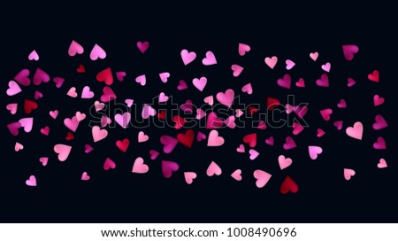 Valentine Pattern, Vector Romantic Heart Background. Falling Down or Flying, Showering Sparkling Pink, Red Hearts. Cool Romantic Festive Magic Garland. Tender Valentive Pattern, Minimal Banner Design.