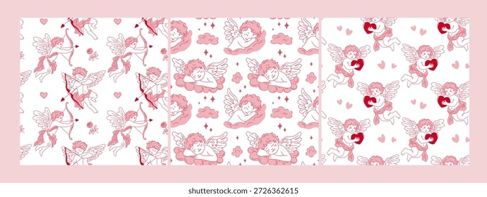 Conjunto de Padrões de Namorados. Padrões perfeitos com anjos e corações em estética retrô. Ornamentos vetoriais para impressão em tecidos, estilo boêmio
