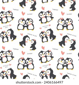 Valentine penguin couple pattern seamless cartoon hand draw isolated on white background.