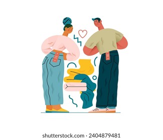 Valentine: Perfect Fit - modern flat vector concept illustration of a couple trying on jeans in a fitting room. Metaphor for finding the right match in love as in life