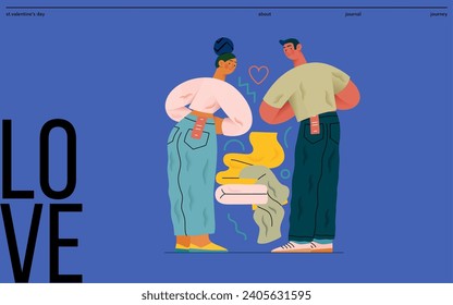 Valentine: Perfect Fit - modern flat vector concept illustration of a couple trying on jeans in a fitting room. Metaphor for finding the right match in love as in life