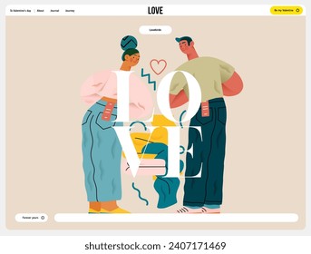 Valentine: Perfect Fit - modern flat vector concept illustration of a couple trying on jeans in a fitting room. Metaphor for finding the right match in love as in life