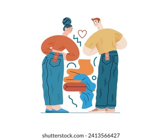 Valentine: Perfect Fit - modern flat vector concept illustration of a couple trying on jeans in a fitting room. Metaphor for finding the right match in love as in life