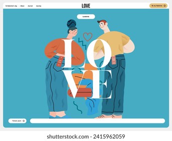 Valentine: Perfect Fit - modern flat vector concept illustration of a couple trying on jeans in a fitting room. Metaphor for finding the right match in love as in life