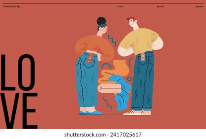 Valentine: Perfect Fit - modern flat vector concept illustration of a couple trying on jeans in a fitting room. Metaphor for finding the right match in love as in life