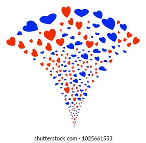 Valentine Petals fireworks fountain. Vector illustration style is flat iconic symbols. Object fountain combined from random design elements as valentine petals fireworks.