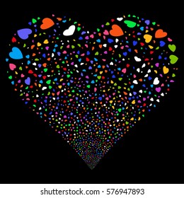 Valentine Petals fireworks with heart shape. Vector illustration style is flat bright multicolored iconic symbols on a black background. Object salute made from confetti pictograms.