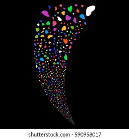 Valentine Petals random fireworks stream. Vector illustration style is flat bright multicolored iconic symbols on a black background. Object fountain combined from scattered pictograms.