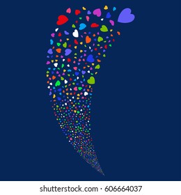 Valentine Petals random fireworks stream. Vector illustration style is flat bright multicolored iconic symbols on a blue background. Object fountain created from scattered icons.