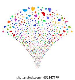 Valentine Petals salute stream. Vector illustration style is flat bright multicolored iconic symbols on a white background. Object stream fountain organized from random design elements.