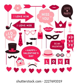 Valentine photo booth props. Vector icon set for Valentine’s day and wedding. Party signs decoration with lips, mustache, heart, speech bubbles, sunglasses, mask. 14th february celebration accessories