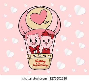 Valentine piglet cute cartoon ,hand drawn illustration Year of the pig ,Pink Pig Lover vector for Valentine day , Character design animal boy and girl on Valentine Concept. lovely Theme sweet idea.