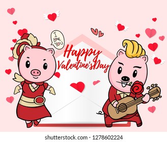 Valentine piglet cute cartoon ,hand drawn illustration Year of the pig ,Pink Pig Lover vector for Valentine day , Character design animal boy and girl on Valentine Concept. lovely Theme sweet idea.