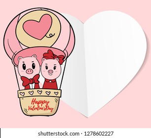 Valentine piglet cute cartoon ,hand drawn illustration Year of the pig ,Pink Pig Lover vector for Valentine day , Character design animal boy and girl on Valentine Concept. lovely Theme sweet idea.