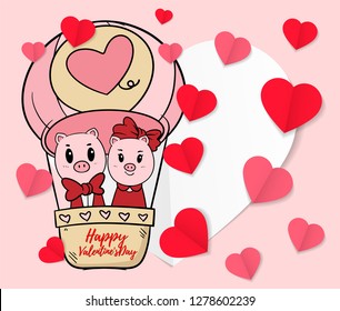 Valentine piglet cute cartoon ,hand drawn illustration Year of the pig ,Pink Pig Lover vector for Valentine day , Character design animal boy and girl on Valentine Concept. lovely Theme sweet idea.