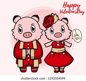 Valentine piglet cute cartoon ,hand drawn illustration Year of the pig ,Pink Pig Lover vector for Valentine day , Character design animal boy and girl on Valentine Concept. lovely china style.