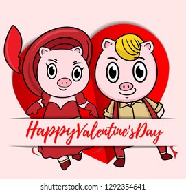 Valentine piglet cute cartoon ,hand drawn illustration Year of the pig ,Pink Pig Lover vector for Valentine day , Character design animal boy and girl on Valentine Concept. lovely china style.