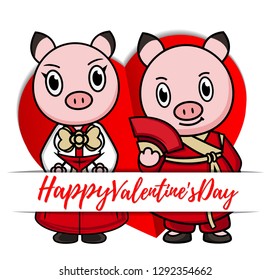 Valentine piglet cute cartoon ,hand drawn illustration Year of the pig ,Pink Pig Lover vector for Valentine day , Character design animal boy and girl on Valentine Concept. lovely Korea style.