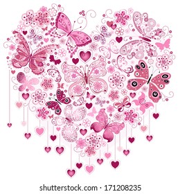 Valentine pink big heart with butterflies isolated on white (vector)