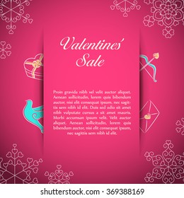 Valentine pink card with paper web over a cupid bow and arrow, heart shaped box, dove and love letter