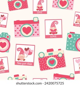 Valentine pink Gnomes photo with love and heart camera seamless pattern vector illustration for invitation greeting birthday party celebration wedding card poster banner textiles wallpaper background