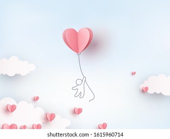 Valentine pink heart flying balloon with man on blue sky background. Vector love postcard for Happy Mother's, Valentine's Day or birthday greeting card design.