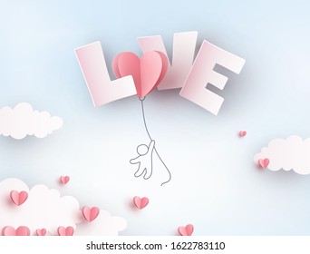 Valentine pink heart flying balloon with man on blue sky background. Vector love postcard for Happy Mother's, Valentine's Day or birthday greeting card design.
