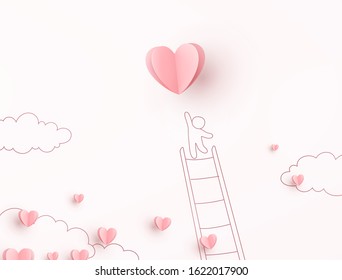 Valentine pink heart with man on sky background. Vector love postcard for Happy Mother's, Valentine's Day or birthday greeting card design.
