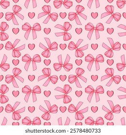 Valentine pink ribbon and heart on lite ping background. Vector seamless pattern. Design for decoration, wrapping paper, wallpaper, background and St. Valentine's Day decoration.