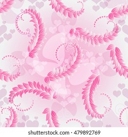 Valentine pink seamless pattern with pink translucent hearts and butterflies (vector eps10)