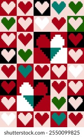 Valentine pixel art design. Padrão de coração preto, vermelho e verde Valentine com design pixel art. Celebrando amores, aniversário e Dia dos Namorados. Padrão de arte em pixels para papel de presente, malha e cartão postal.