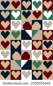 Valentine pixel art design. Blue, black, red and beige Valentine heart pattern with pixel art design. Celebrating loves ,anniversary and Valentines day. Pixel art pattern for gift wrap and postcard.