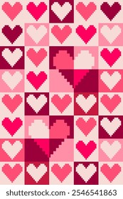 Valentine pixel art design. Cor-de-rosa tons Valentine padrão do coração com pixel arte design. Celebrando amores, aniversário e Dia dos Namorados. Pixel padrão de arte para presente de envoltório, cartão postal e amor presente.  