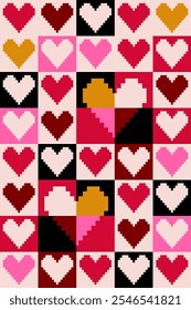 Valentine pixel art design. Yellow, black, red and pink Valentine heart pattern with pixel art design. Celebrating loves ,anniversary and Valentines day. Pixel art pattern for gift wrap and postcard.