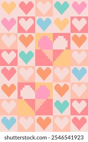 Valentine pixel art design. Padrão de coração amarelo, azul e rosa Valentine com design de arte pixel. Celebrando amores, aniversário e Dia dos Namorados. Padrão de arte em pixels para papel de presente e cartão postal de amor.