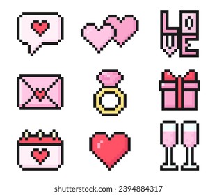 valentine pixel icons, vintage, 8 bit, 80s, 90s arcade game style, icons for game or mobile app, dialogue, heart, letter, calendar, ring, gift, champagne, vector illustration